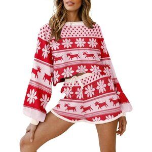 Women Red Lounge Wear Sets Long Sleeve Sweatsuit Matching 2 Piece Outfits Casual